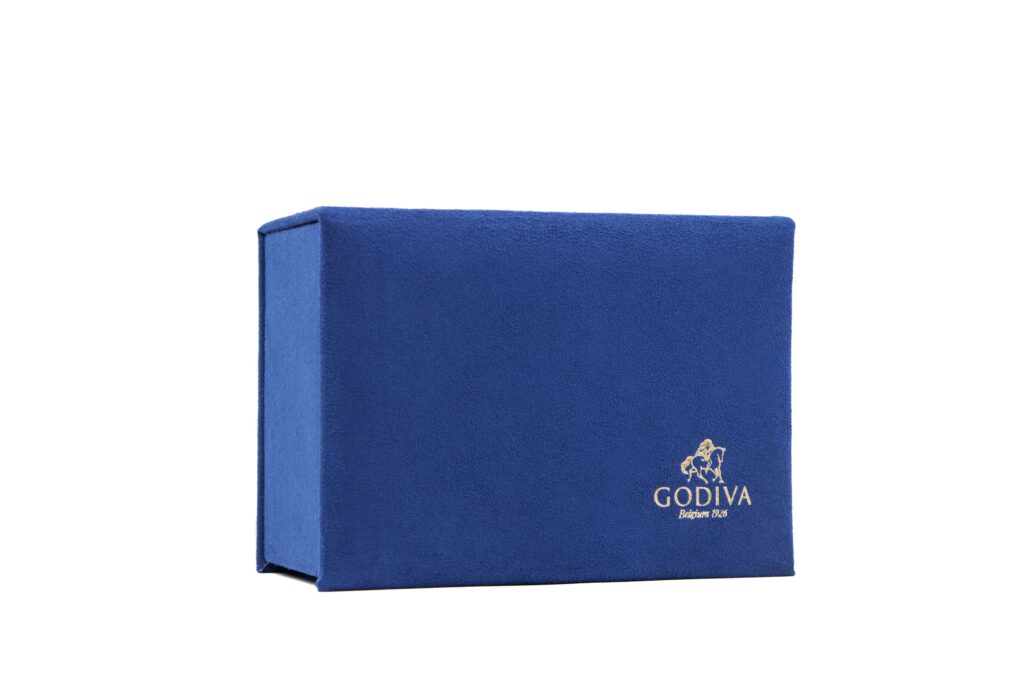 Godiva blue chocolate box with silver logo – premium gift packaging photo for online stores