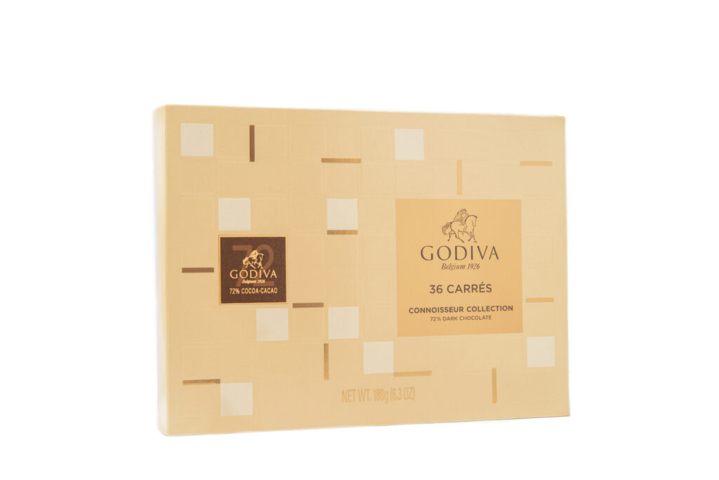 Beige Godiva chocolate box featuring 36 Carres, professionally shot for e-commerce by Food On Focus Media