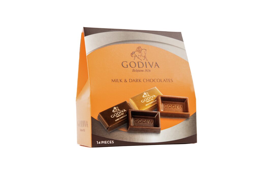 Godiva milk & dark chocolate pouch packaging – e-commerce ready product image by Food On Focus Media