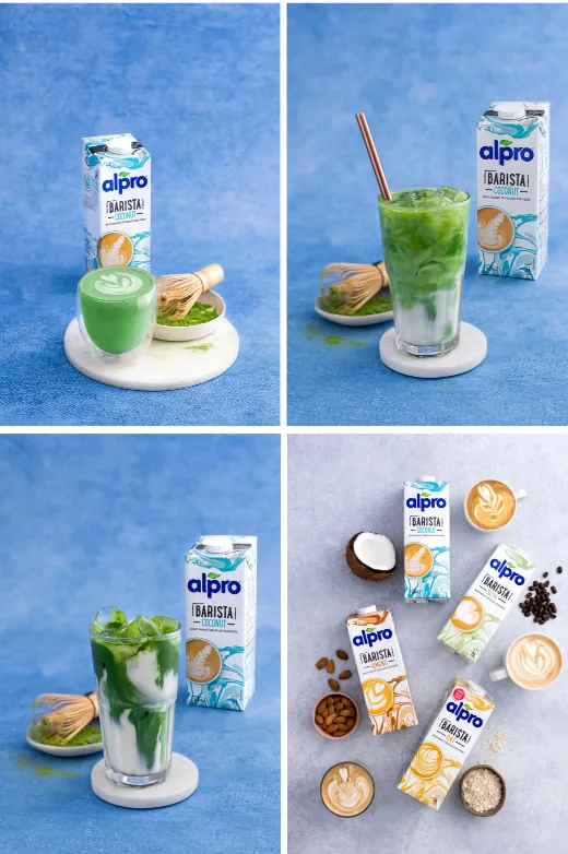 Grid of four Alpro drink and carton styling shots