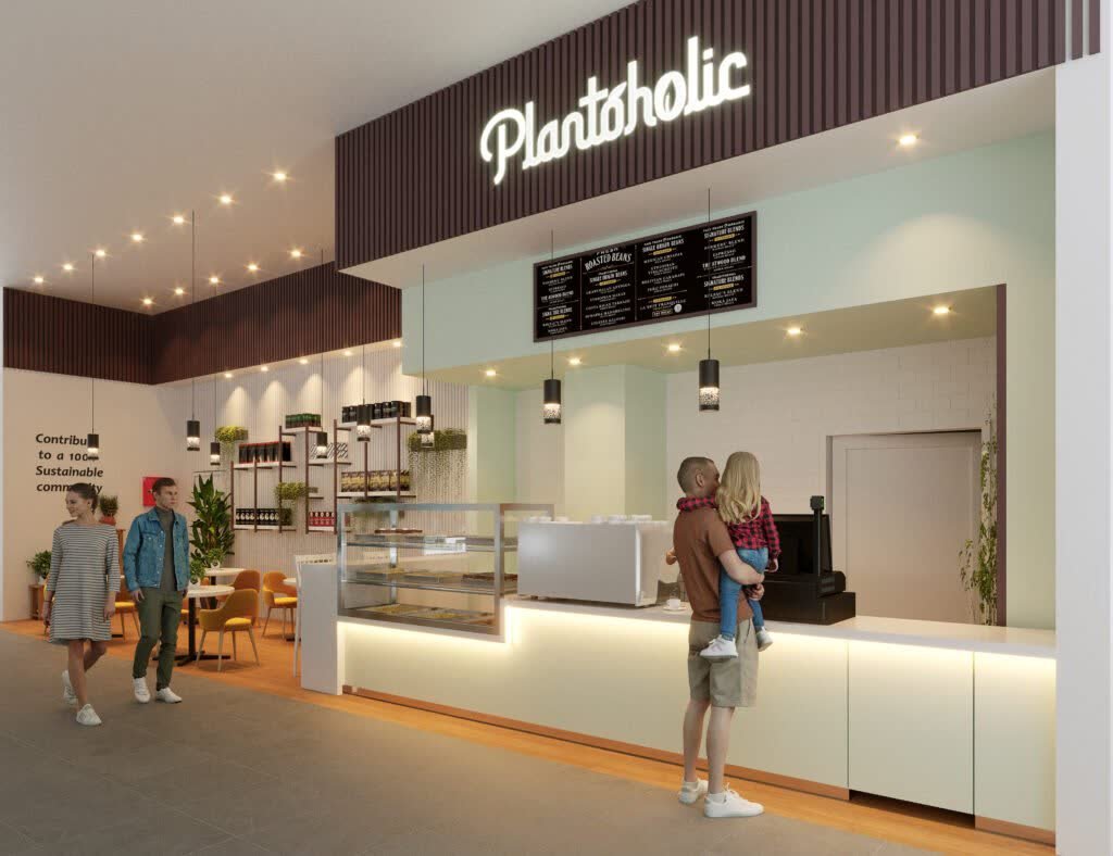 3D render of the Plantoholic interior with customers at the counter