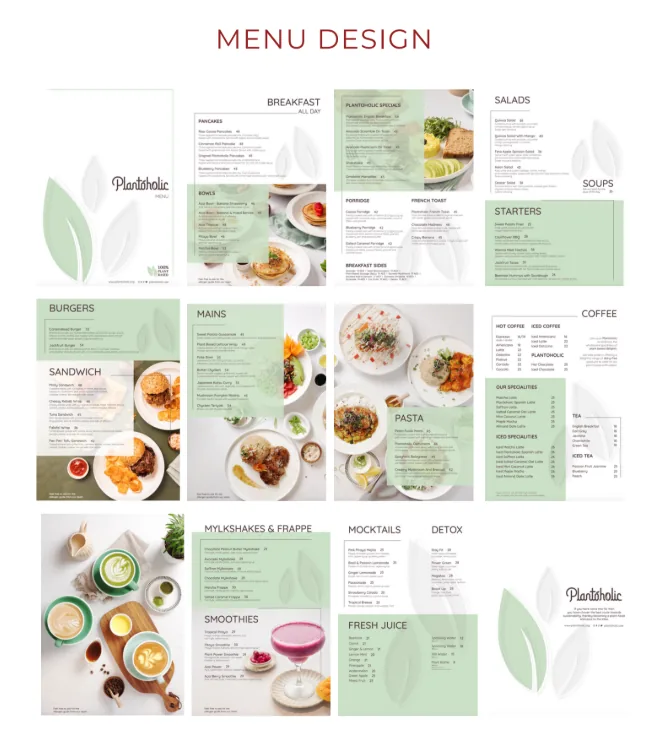 Plantoholic menu design covering breakfast, salads, burgers and drinks