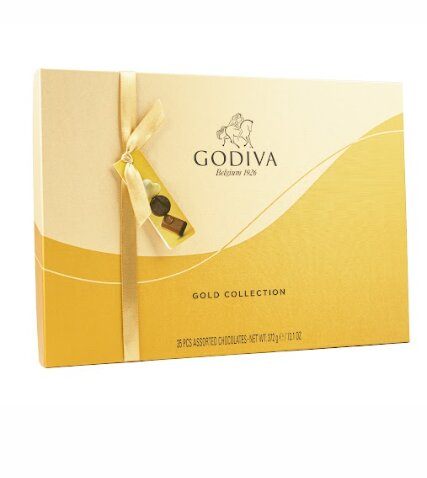 Godiva gold chocolate gift box with ribbon and tag – elegant packaging product shot for gifting and e-commerce