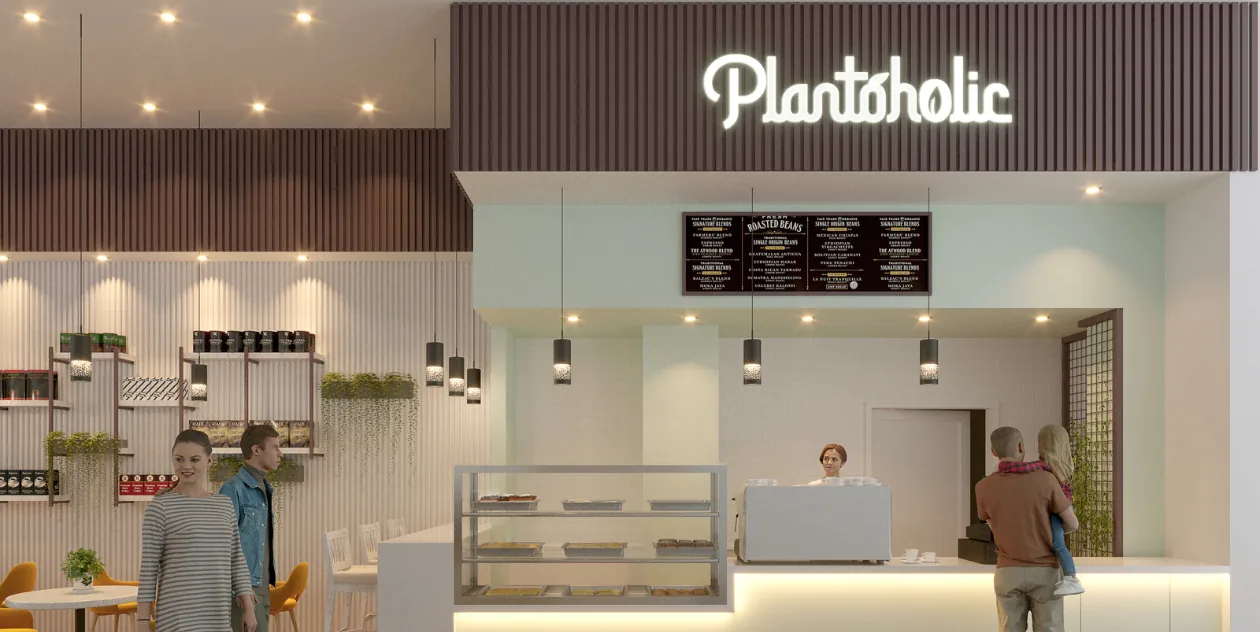 3D render of the Plantoholic cafe counter and menu board
