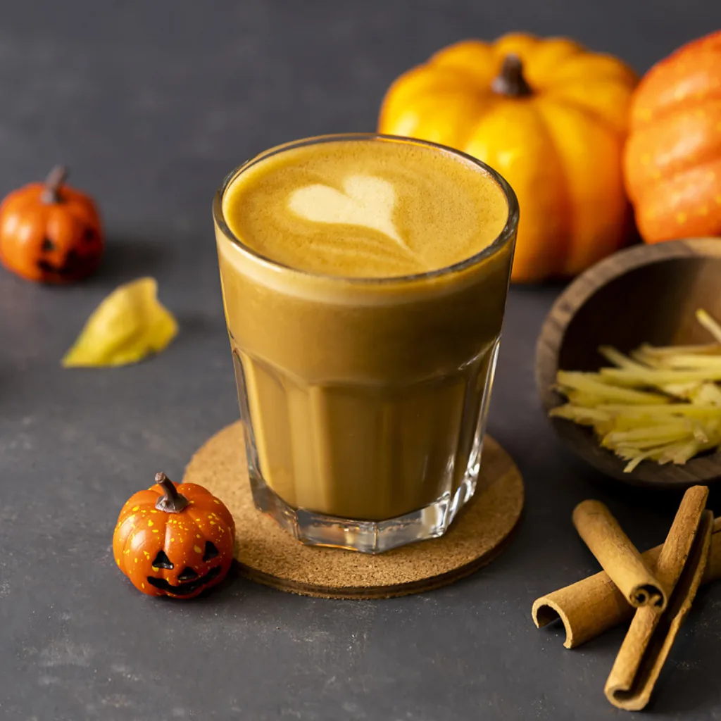 Pumpkin spice latte styled with mini pumpkins and cinnamon sticks