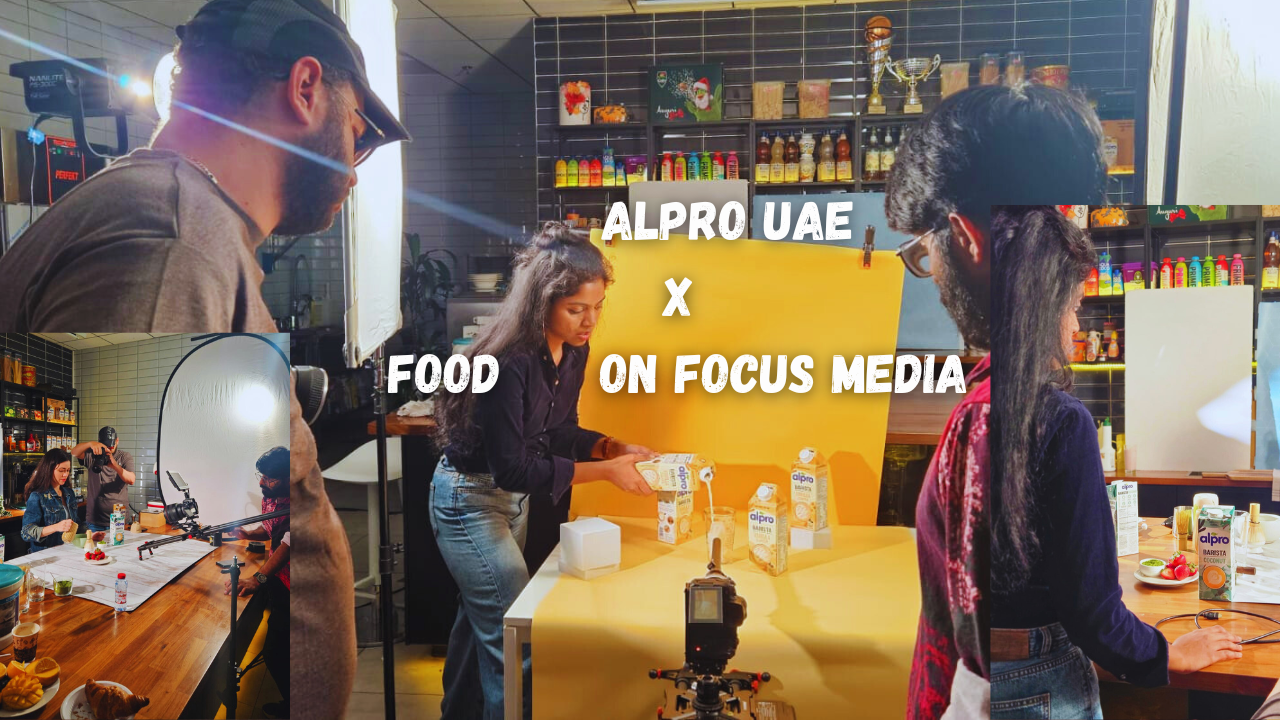 Behind-the-scenes of Food on Focus Media producing social media content for Alpro UAE, featuring a studio setup for the Alpro Barista range.