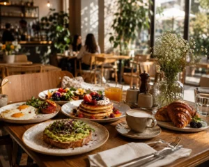 Cafe interior brunch table