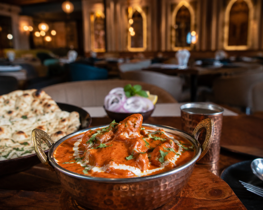 Paneer butter masala served with freshly baked naan, beautifully plated on a restaurant table in a warm, elegant dining setting.