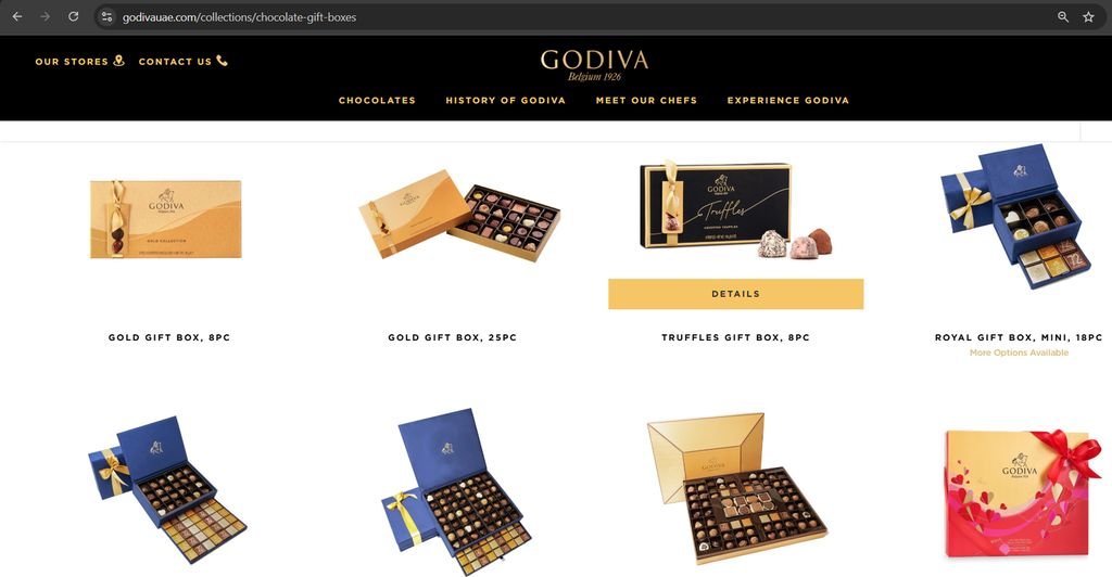 Godiva gift box collection shown as product listings on an e-commerce storefront